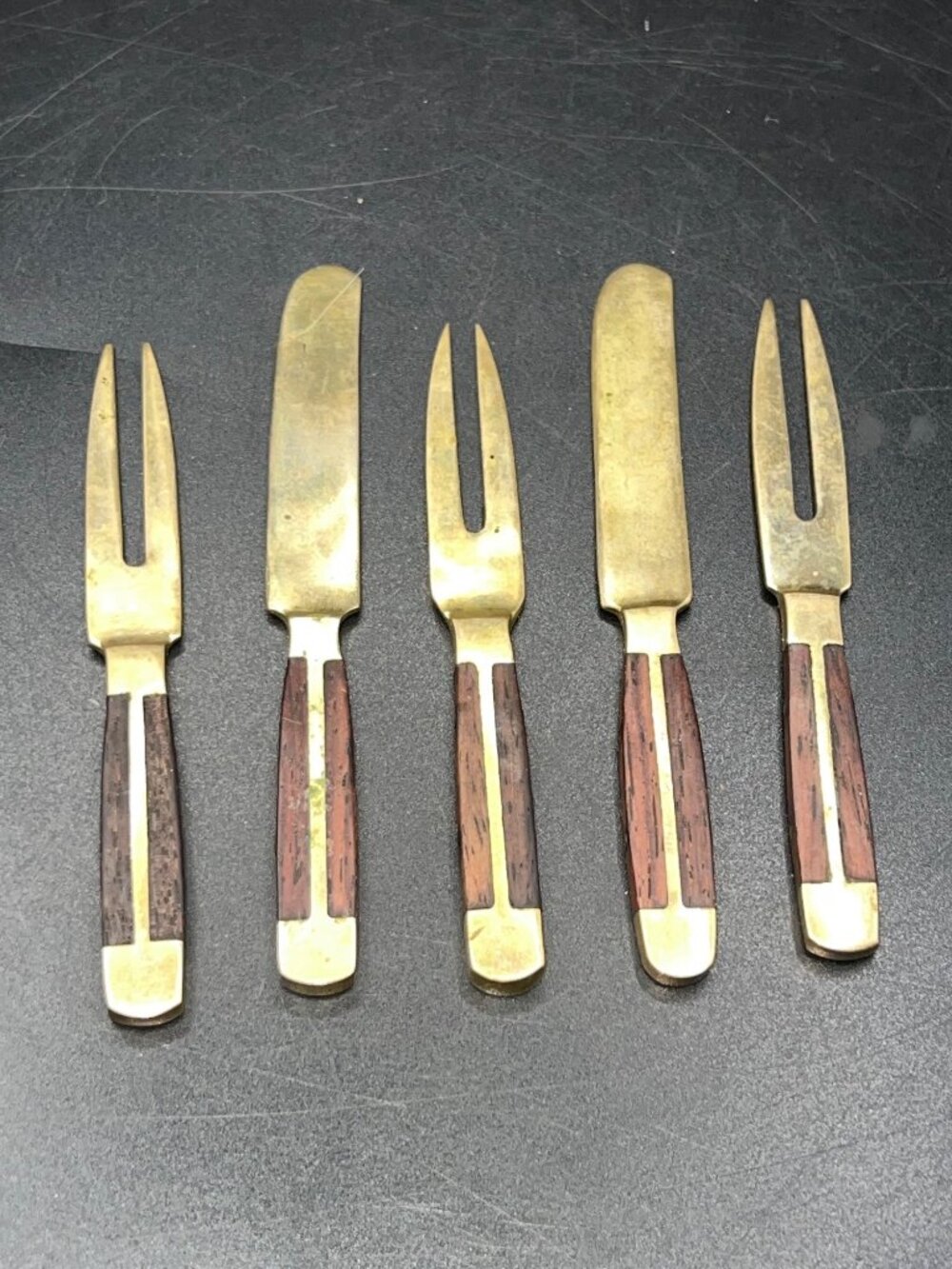 Brass And Wood Cocktail Picks/Cheese spreaders  Set Of 5 Vintage Hors Doeuvre